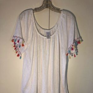 Time & Tru white Tee with colorful fringe